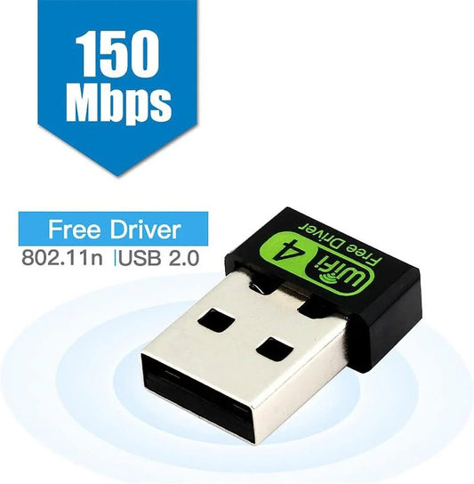 A small, white 150Mbps wireless USB adapter plugged into the side of a laptop computer.