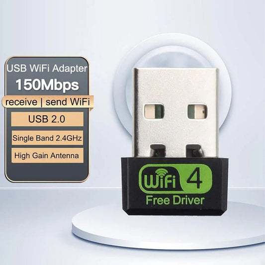 A small, white 150Mbps wireless USB adapter plugged into the side of a laptop computer.